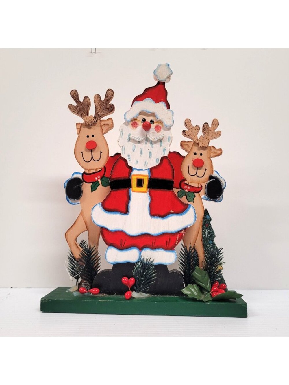 Wooden Painted Folk Art Santa Claus and Reindeer Farmhouse Decor KMart Defects